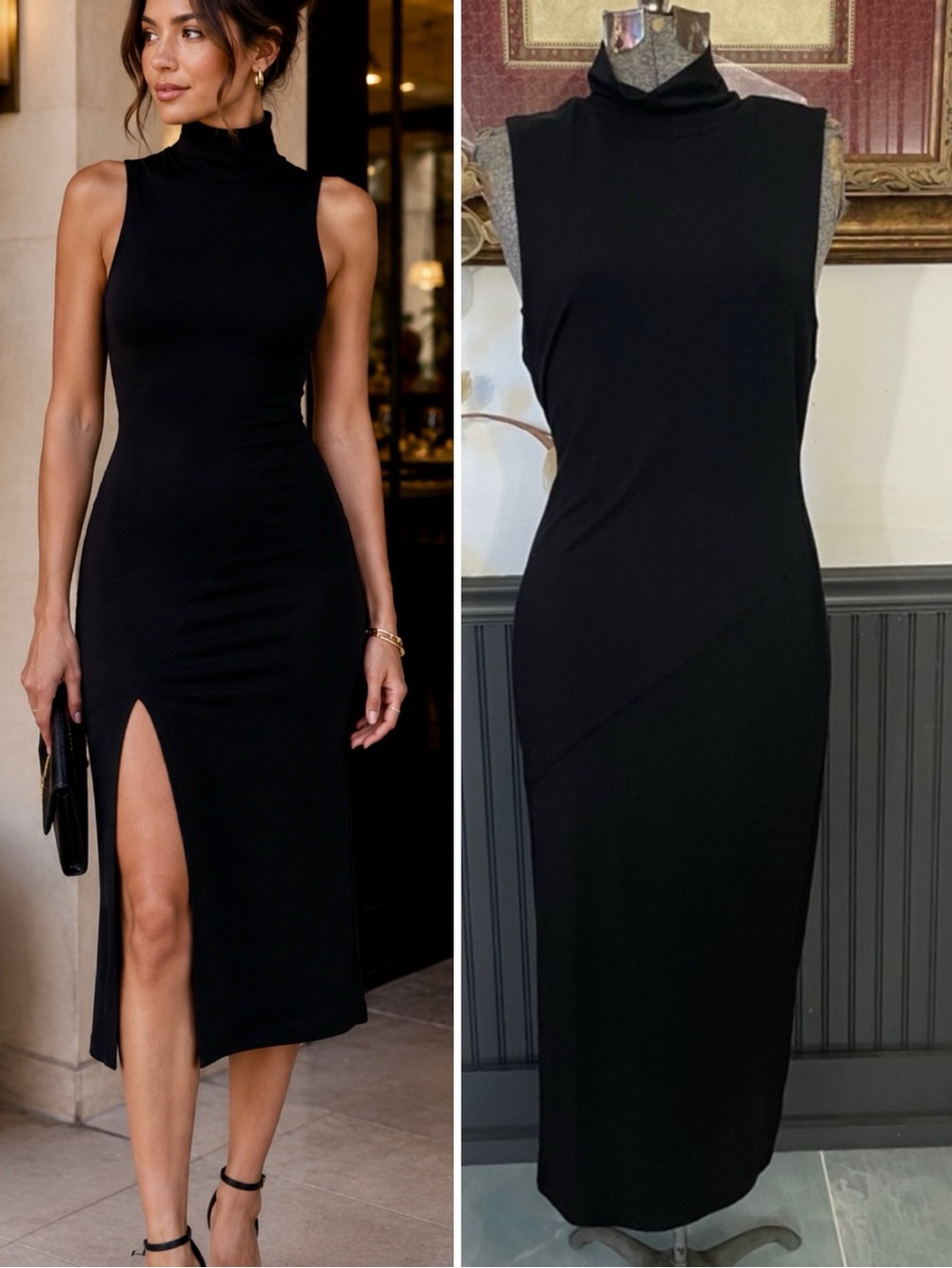 Good American Black Mock Neck High Slit Midi Dress Size 3 (Large)🧡🎀